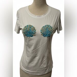 Maybe Wang Blue and Silver Seashell Print Rhinestone Embellished Women's Top M
